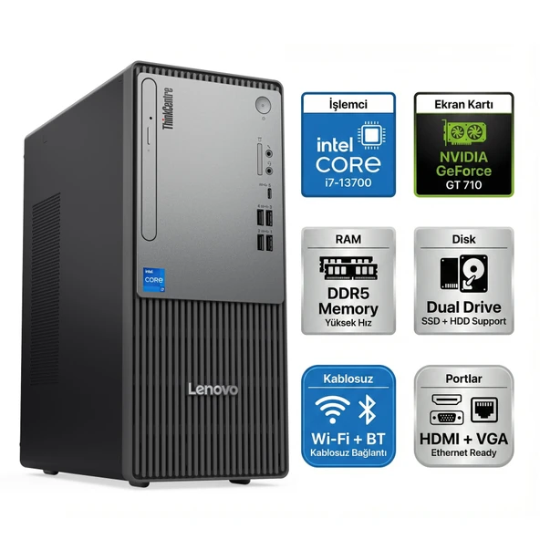 Lenovo ThinkCentre Neo 50T Gen 5 Intel Core i7-13700 16GB 512GB SSD 4 GB GT710 Freedos Masaüstü Bilgisayar 12UB000HTR 017 ürün görseli 1