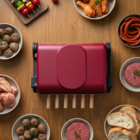 Akel AB670 1200W Kırmızı Elektrikli Izgara, Kokusuz & Dumansız Mangal, Barbekü, 6 Adet Krom-Nikel Kaplama Şiş - Resim 6