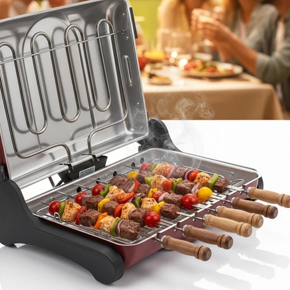 Akel AB670 1200W Kırmızı Elektrikli Izgara, Kokusuz & Dumansız Mangal, Barbekü, 6 Adet Krom-Nikel Kaplama Şiş - Resim 3