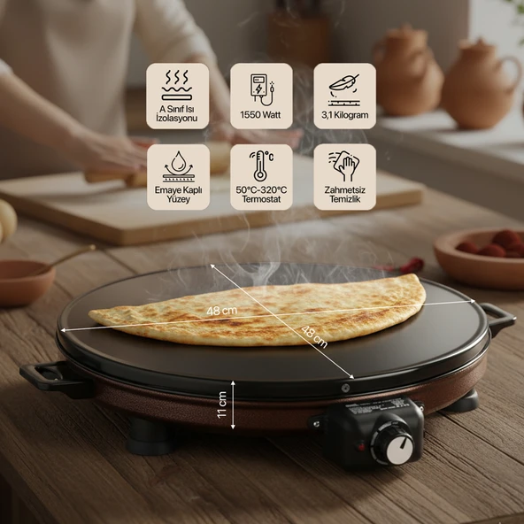 Akel AT610 46 cm Bakır Elektrikli Katmer, Bazlama, Gözleme Sacı, Termostatlı, Büyük Boy, Hızlı ve Eşit Isı Dağılımı - Resim 2