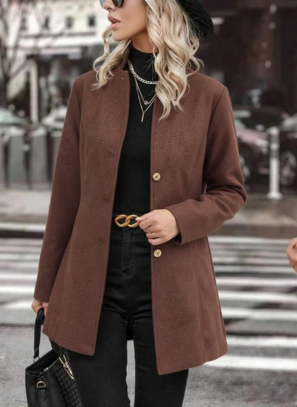 Tasarım Yaka Şık Kahverengi Kaşe Kaban ürün görseli 1