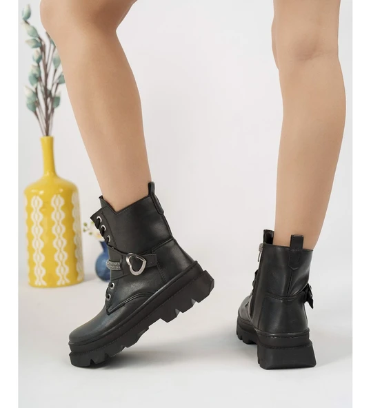 KADIN SİYAH TAŞLI VE FERMUARLI BOT (Siyah) - Resim 2