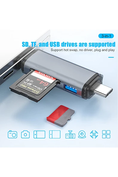 Daytona ADS-28 6In1 OTG Card Reader- SD Kart Okuyucu, USB 3.0 ve Tip C Kart Okuyucu Yüksek Hızlı OTG Adaptör - iPhone,iPad,Android cihazlar,PC ve Laptop İçin - Resim 4