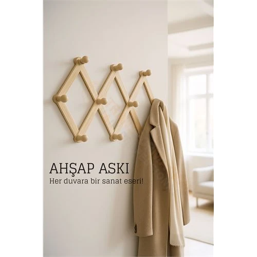 Ahşap Akordeon Duvar Askısı - Dekoratif, Çok Amaçlı, 10 Kancalı Akıllı Askılık ürün görseli 1