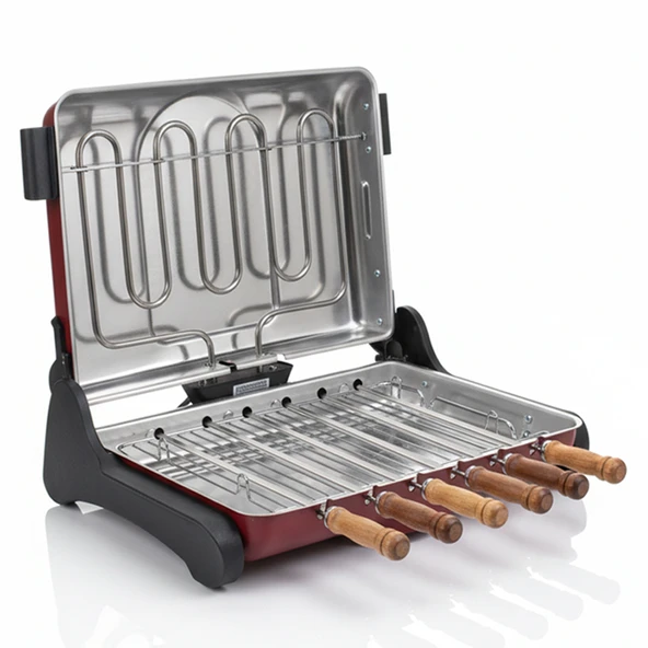 Akel AB670 1200W Kırmızı Elektrikli Izgara, Kokusuz & Dumansız Mangal, Barbekü, 6 Adet Krom-Nikel Kaplama Şiş ürün görseli 1