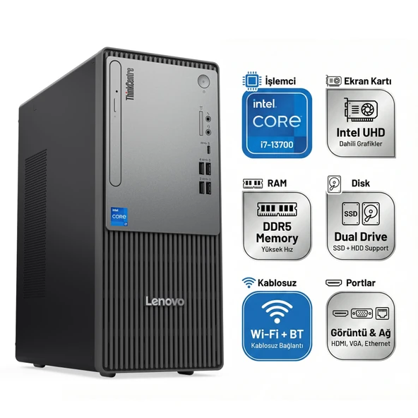 Lenovo ThinkCentre Neo 50T Gen 5 Intel Core i7-13700 64GB 2TB SSD Freedos Masaüstü Bilgisayar 12UB000HTR 006 ürün görseli 1