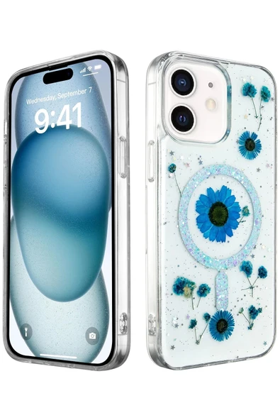 iPhone 12 Kılıf Daisy Simli Magsafe Kapak - Mavi-(5796) ürün görseli 1