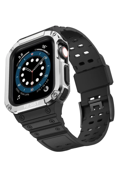 Apple Watch 42mm KR401 Silikon Kordon - Siyah-Gümüş-(5796) ürün görseli 1