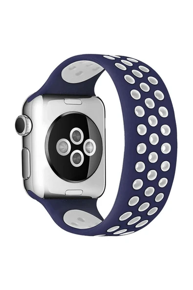 Apple Watch 42mm Ayarlı Delikli Silikon Kordon - Lacivert-Beyaz-(5796) ürün görseli 1