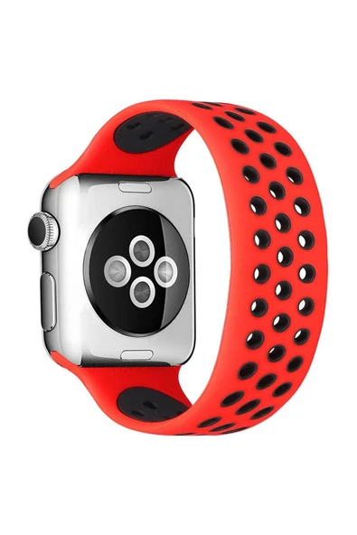 Apple Watch 42mm Ayarlı Delikli Silikon Kordon - Kırmızı-Siyah-(5796) ürün görseli 1