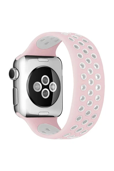Apple Watch 42mm Ayarlı Delikli Silikon Kordon - Pembe-Beyaz-(5796) ürün görseli 1
