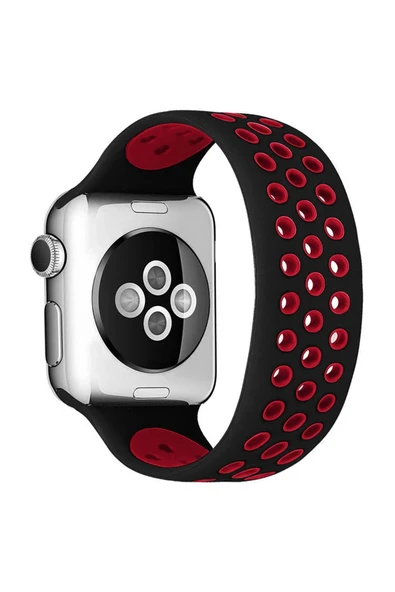 Apple Watch 42mm Ayarlı Delikli Silikon Kordon - Siyah-Kırmızı-(5796) ürün görseli 1