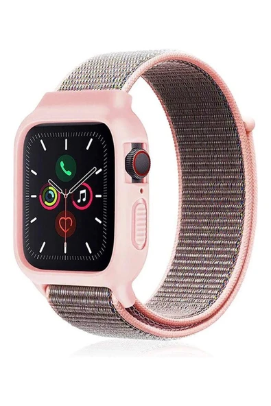 Apple Watch 38mm Hasırlı Cırtcırtlı Kasalı Kordon - Pembe-(5796) ürün görseli 1