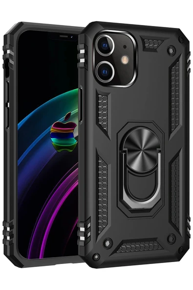 iPhone 12 Mini Kılıf Sofya Yüzüklü Silikon Kapak - Siyah-(5796) ürün görseli 1