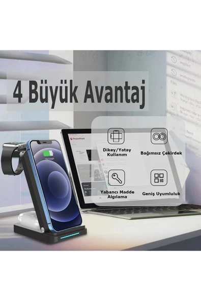 S90 4in1 Kablosuz Şarj Masaüstü Set - Siyah-(5796) - Resim 3