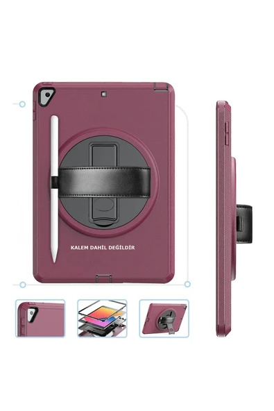 iPad 10.2 (7.nesil) Kılıf Hand Strap Tablet Kılıfı - Mürdüm-(5796) - Resim 2