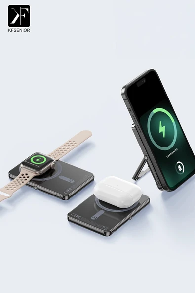 PW580 5.000 mAh 20W Type-C 15W Kablosuz Şarj 3W Saat Şarj ve 5W Kulaklık Şarj Destekli PD Hızlı Şarj Magsafe Powerbank - Titanyum-(5796) - Resim 3