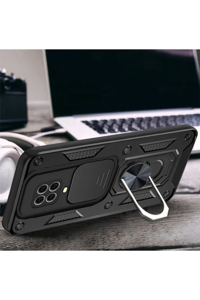 Xiaomi Redmi Note 9 Pro Kılıf Pars Lens Yüzüklü Silikon - Siyah-(5796) - Resim 2
