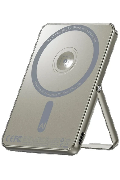 PW580 5.000 mAh 20W Type-C 15W Kablosuz Şarj 3W Saat Şarj ve 5W Kulaklık Şarj Destekli PD Hızlı Şarj Magsafe Powerbank - Titanyum-(5796) - Resim 2