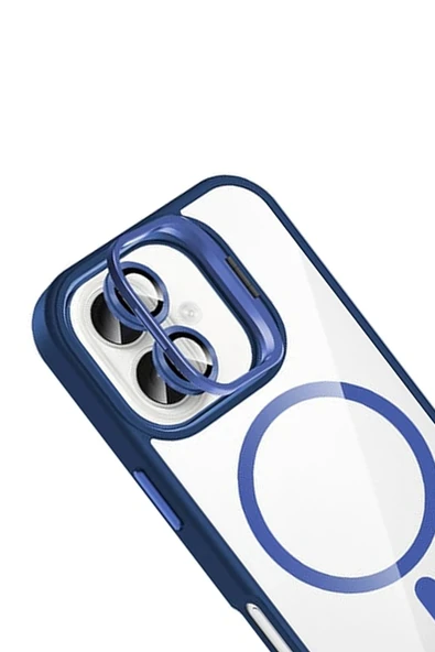 Apple iPhone 16 Remim Lensli Magsafe Standlı Kapak - Lacivert-(5796) - Resim 3