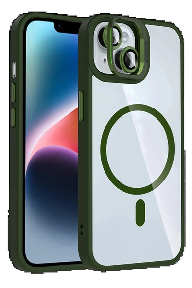 Apple iPhone 14 Remim Lensli Magsafe Standlı Kapak - Koyu Yeşil-(5796) ürün görseli 1