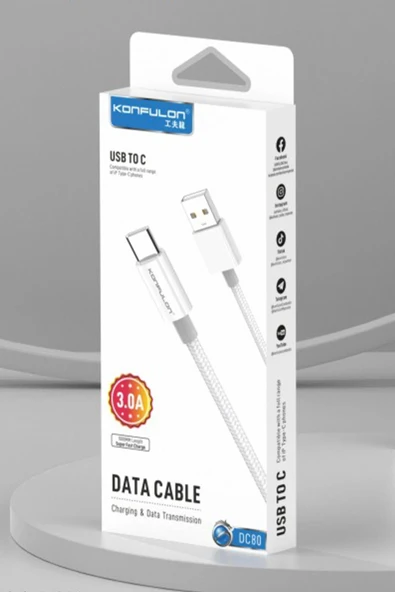 DC80 1M 3A USB to Type-C Hızlı Şarj Kablo - Beyaz-(5796) - Resim 4