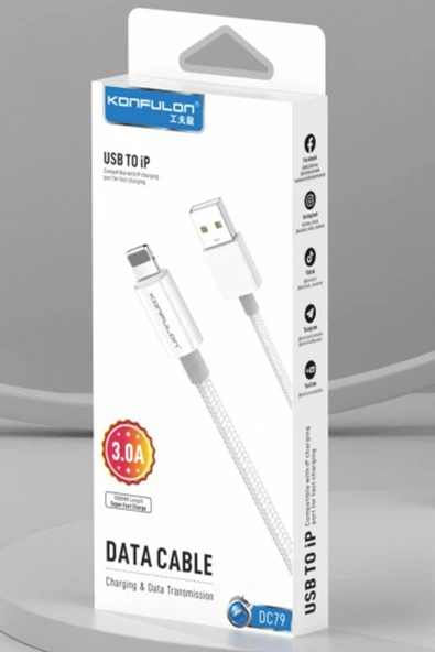 DC79 1M 3A USB to Lightning Hızlı Şarj Kablo - Beyaz-(5796) - Resim 4