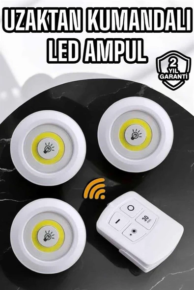Spot Lamba Led Işık 3'lü Uzaktan Kumandalı Pilli Yapışkanlı Kablosuz - Resim 2