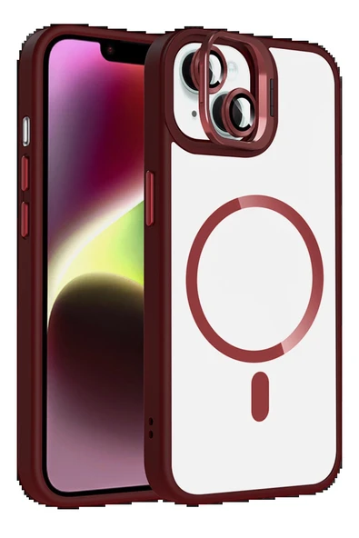 Apple iPhone 13 Remim Lensli Magsafe Standlı Kapak - Bordo-(5796) ürün görseli 1