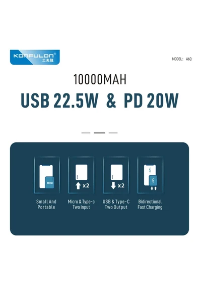 A6Q 22.5W Usb 3.0 ve 20W Type-C Çıkışlı 10.000 mAh PD Powerbank - Beyaz-(5796) - Resim 4