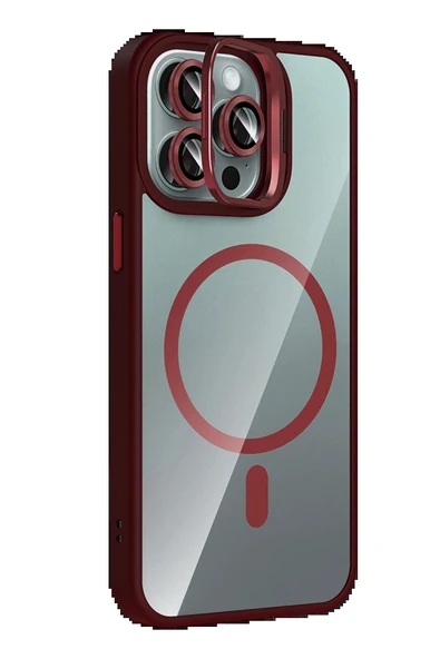 Apple iPhone 14 Pro Max Remim Lensli Magsafe Standlı Kapak - Bordo-(5796) - Resim 2