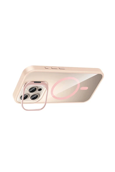 Apple iPhone 16 Pro Remim Lensli Magsafe Standlı Kapak - Pembe-(5796) - Resim 4
