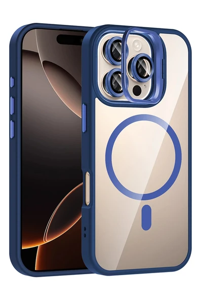 Apple iPhone 16 Pro Remim Lensli Magsafe Standlı Kapak - Lacivert-(5796) ürün görseli 1