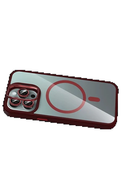 Apple iPhone 14 Pro Max Remim Lensli Magsafe Standlı Kapak - Bordo-(5796) - Resim 4