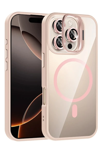 Apple iPhone 16 Pro Remim Lensli Magsafe Standlı Kapak - Pembe-(5796) ürün görseli 1