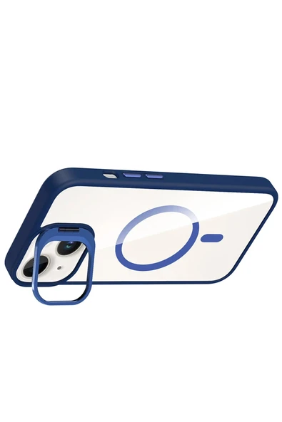 Apple iPhone 13 Remim Lensli Magsafe Standlı Kapak - Lacivert-(5796) - Resim 3