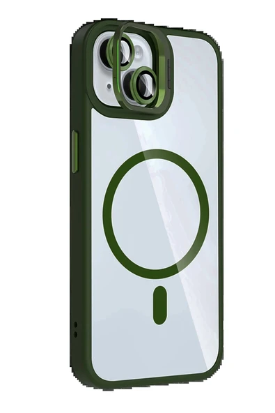 Apple iPhone 14 Remim Lensli Magsafe Standlı Kapak - Koyu Yeşil-(5796) - Resim 2