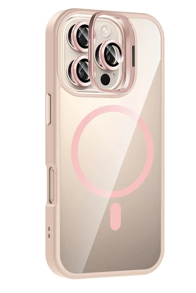 Apple iPhone 16 Pro Remim Lensli Magsafe Standlı Kapak - Pembe-(5796) - Resim 2