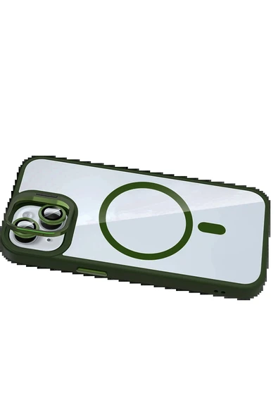 Apple iPhone 14 Remim Lensli Magsafe Standlı Kapak - Koyu Yeşil-(5796) - Resim 4