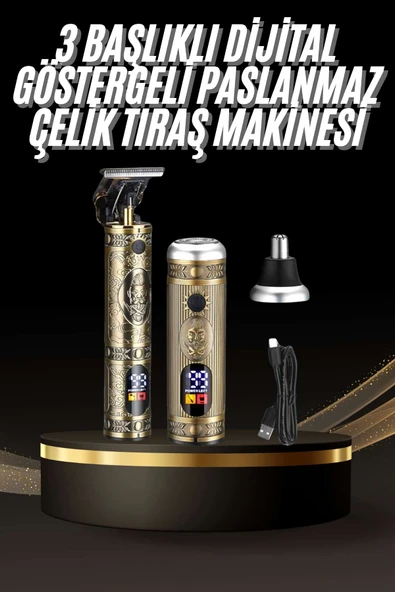 Tıraş Makinesi Pro 3 Başlıklı Dijital Göstergeli Saç Sakal Kulak ve Burun ürün görseli 1