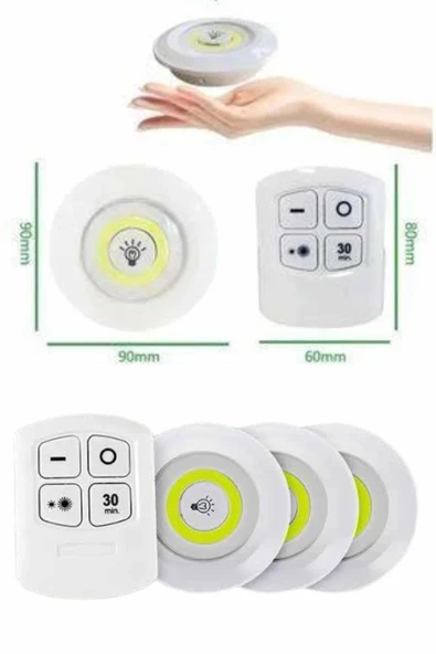 Yapışkanlı 3'lü Spot Led Işık Lamba Montajsız Pilli Uzaktan Kumandalı - Resim 5