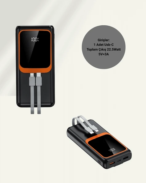 20.000 mAh Powerbank – 22.5W Hızlı Şarj, Çok Kablolu, Dijital Göstergeli - Resim 4