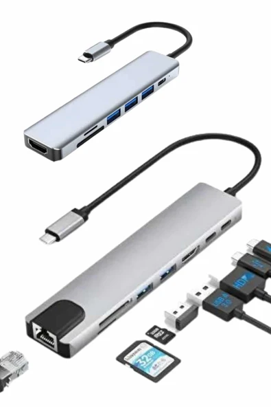 8 Port Çoklayıcı Macbook Ile Uyumlu Çoğaltıcı Type-C dönüştürücü TF SD kart - Resim 3
