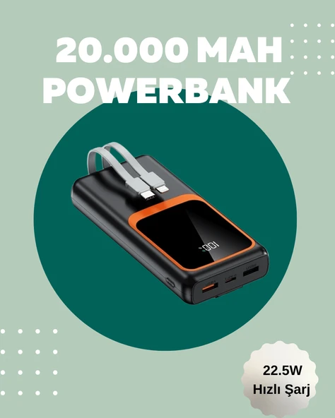 Dijital Ekranlı 20.000 mAh Powerbank | 22.5W Hızlı Şarj + Çoklu Bağlantı Seçeneği ürün görseli 1
