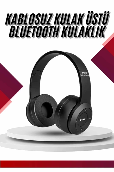 Bluetooth Kablosuz Kulaklık Siyah Wireless 5.0 Kulak Üstü Uzun Pil Ömrü ürün görseli 1