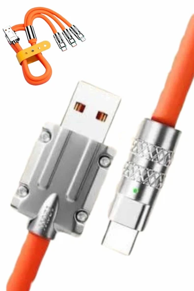 120W Silikon Metal Uçlu LED Işıklı 3 In1 Şarj Kablosu 1.2m - Resim 5