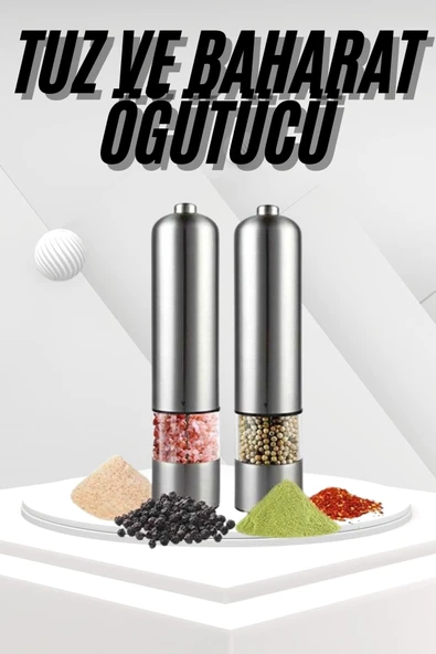 Pilli Tuz Ve Karabiber Öğütücü Baharat Değirmeni Tuzluk Pilli Işıklı Gri ürün görseli 1
