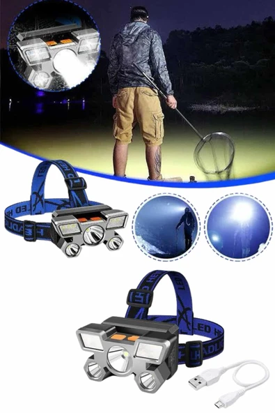 5 LED Far Şarj Edilebilir Güçlü Kafa Lambası Kamp Lambası 4 Modlu - Resim 2