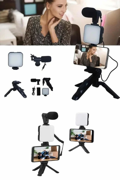 Telefon Tutucu Mikrofonlu Işıklı Youtuber Video Kayıt - Resim 5