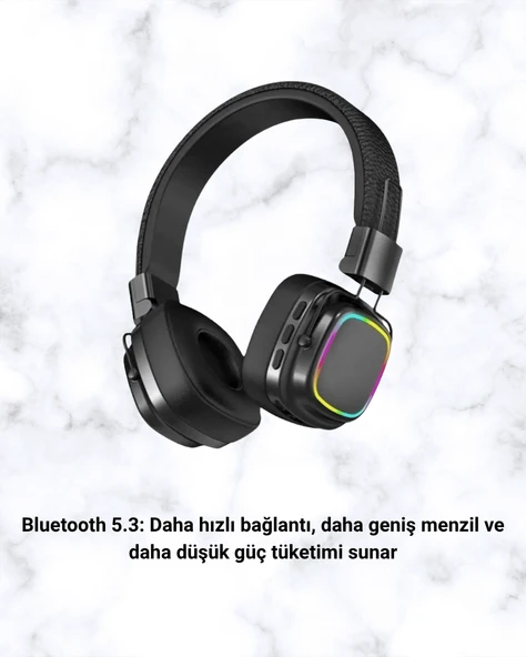 Kablosuz RGB Işıklı Katlanabilir Bluetooth Kulak Üstü Kulaklık - Resim 3
